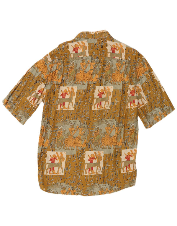 Vintage Mens Graphic Short Sleeve Shirt Large Khaki Patchwork Viscose