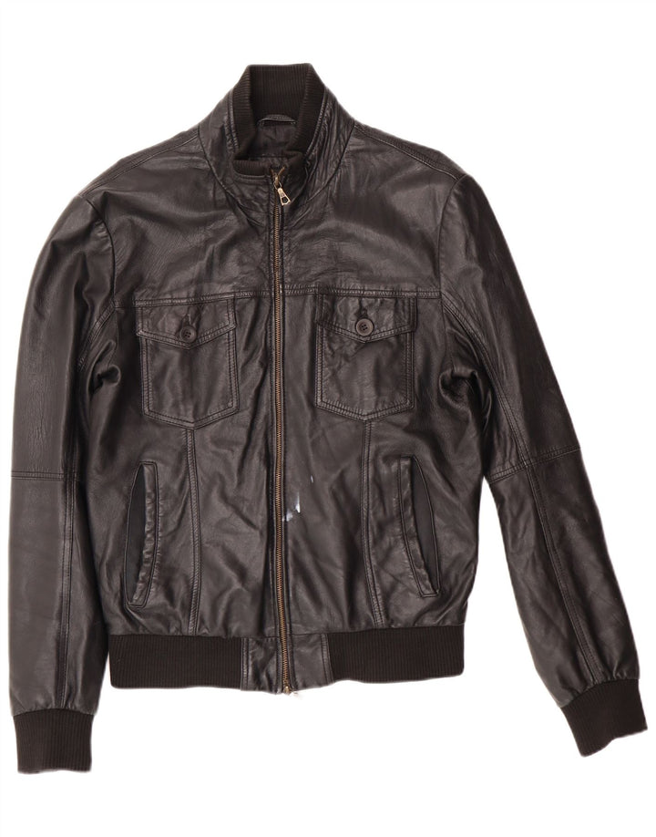 ZARA Mens Bomber Leather Jacket UK 40 Large Black Leather