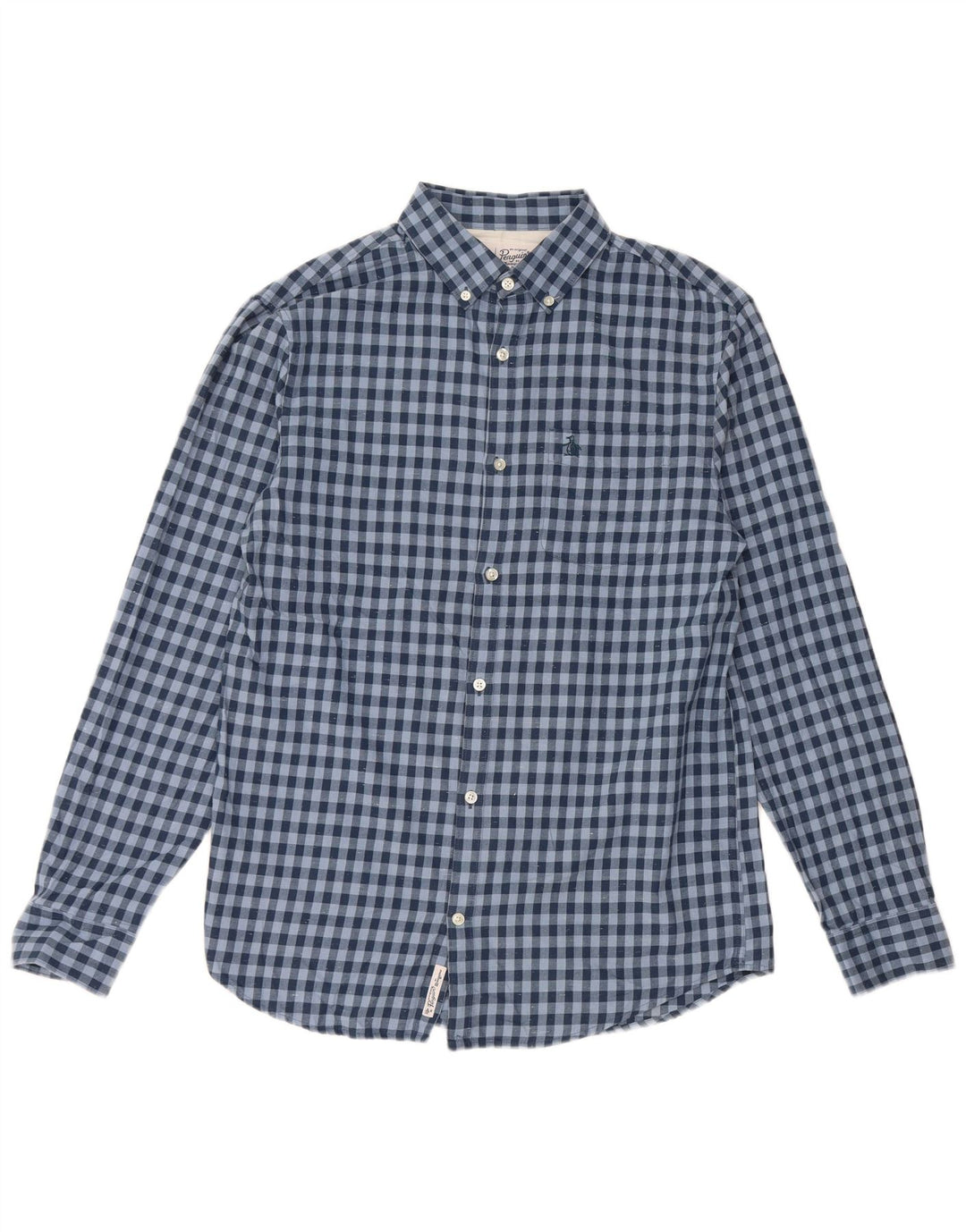 PENGUIN Mens Shirt Medium Navy Blue Gingham Cotton