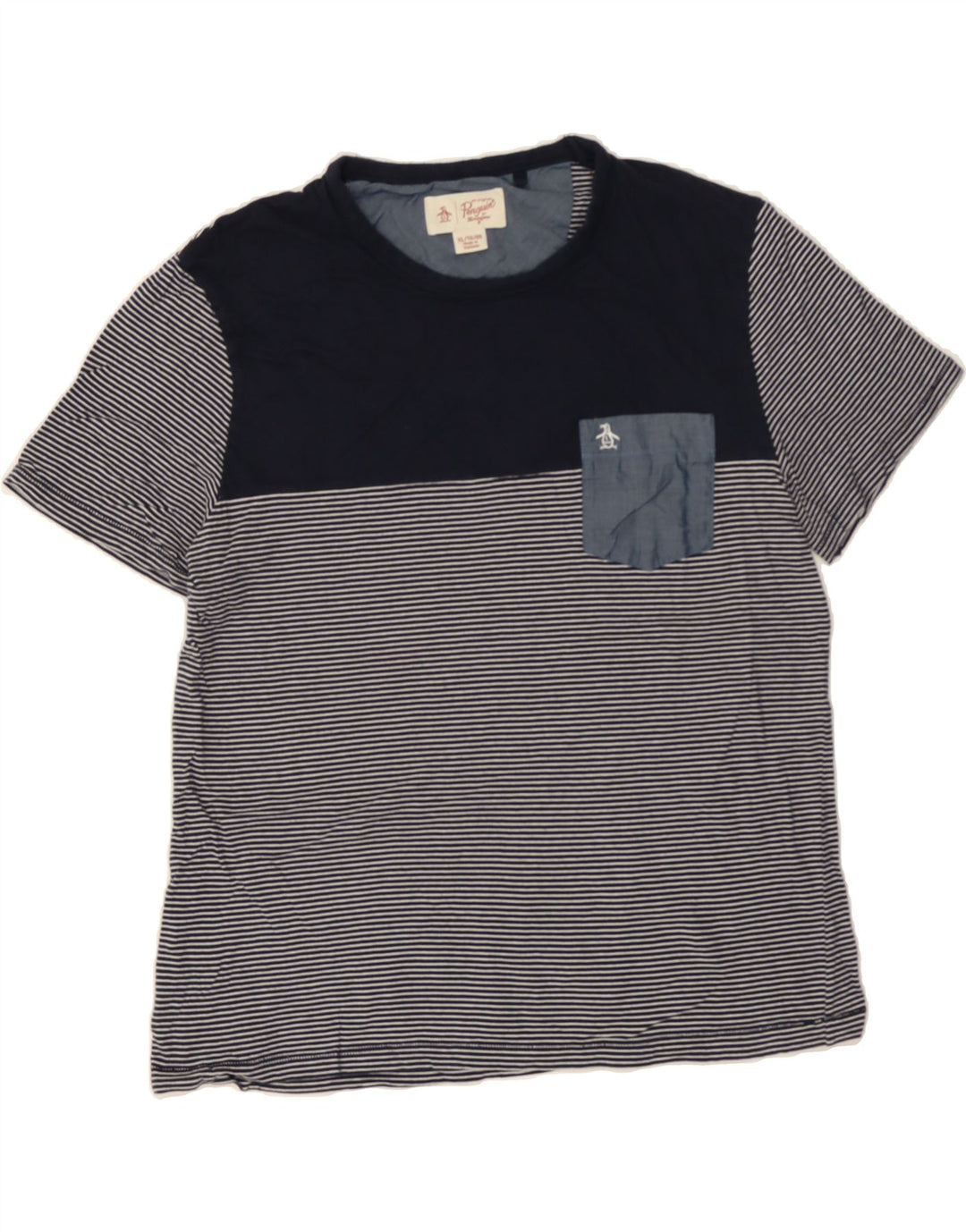 PENGUIN Mens T-Shirt Top XL Navy Blue Striped Vintage Penguin and Second-Hand Penguin from Messina Hembry 