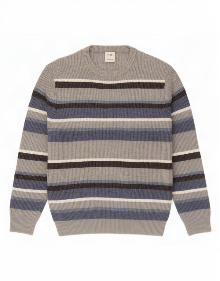 Marks & Spencer Mens Crew Neck Jumper Sweater Large Grey Striped Polyester