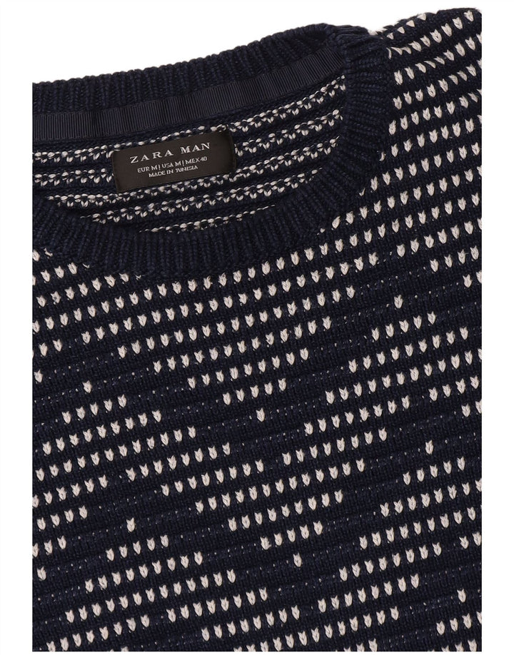 Zara Mens Crew Neck Jumper Sweater Medium Navy Blue Geometric