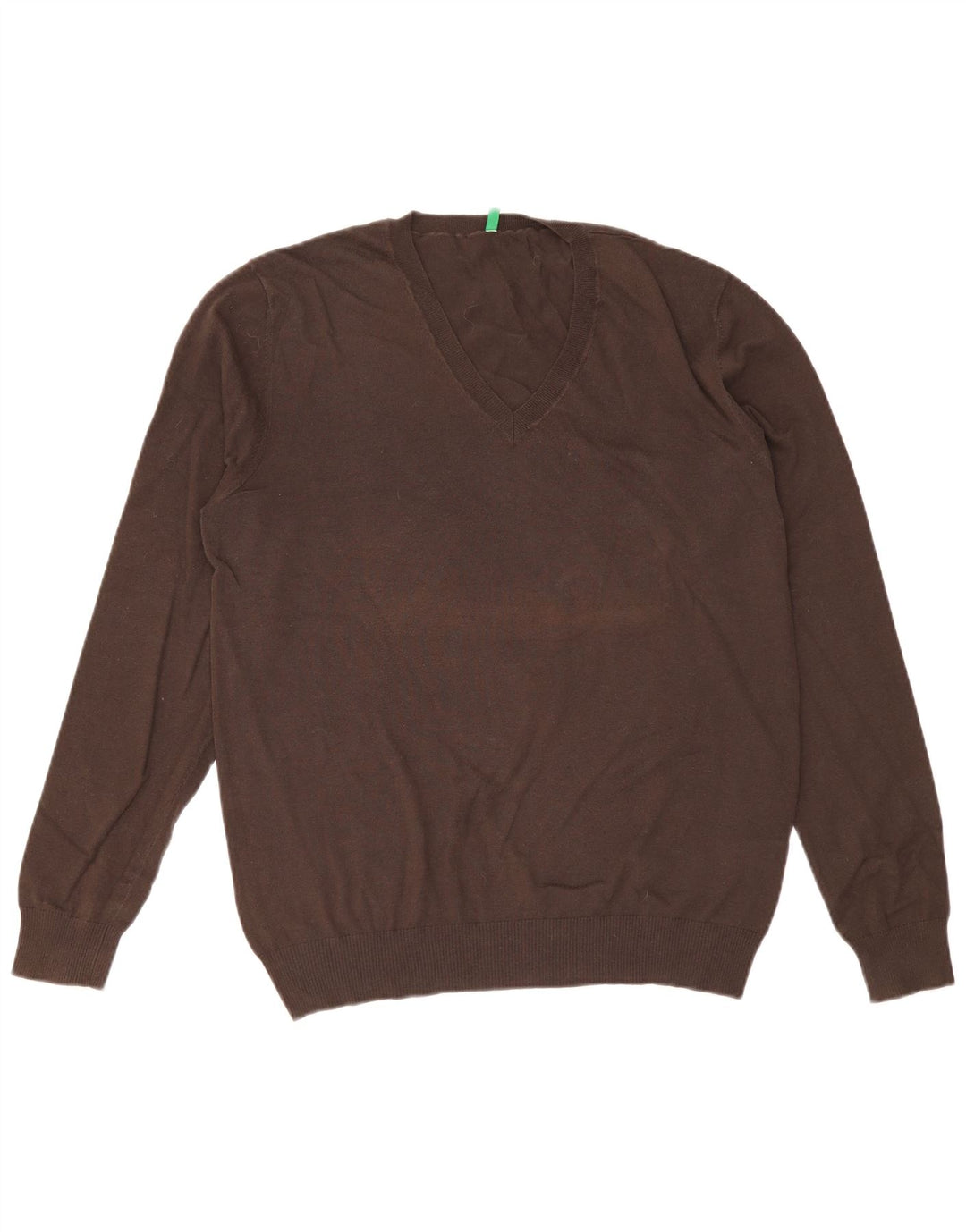 Benetton Mens V-Neck Jumper Sweater Large Brown Cotton