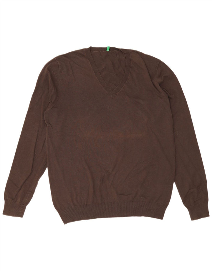 Benetton Mens V-Neck Jumper Sweater Large Brown Cotton