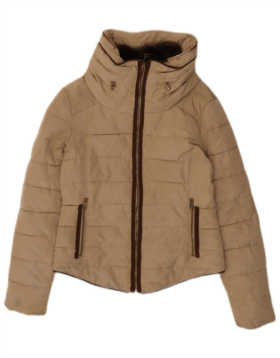 Zara Womens Crop Hooded Padded Jacket UK 14 Medium Beige Polyester