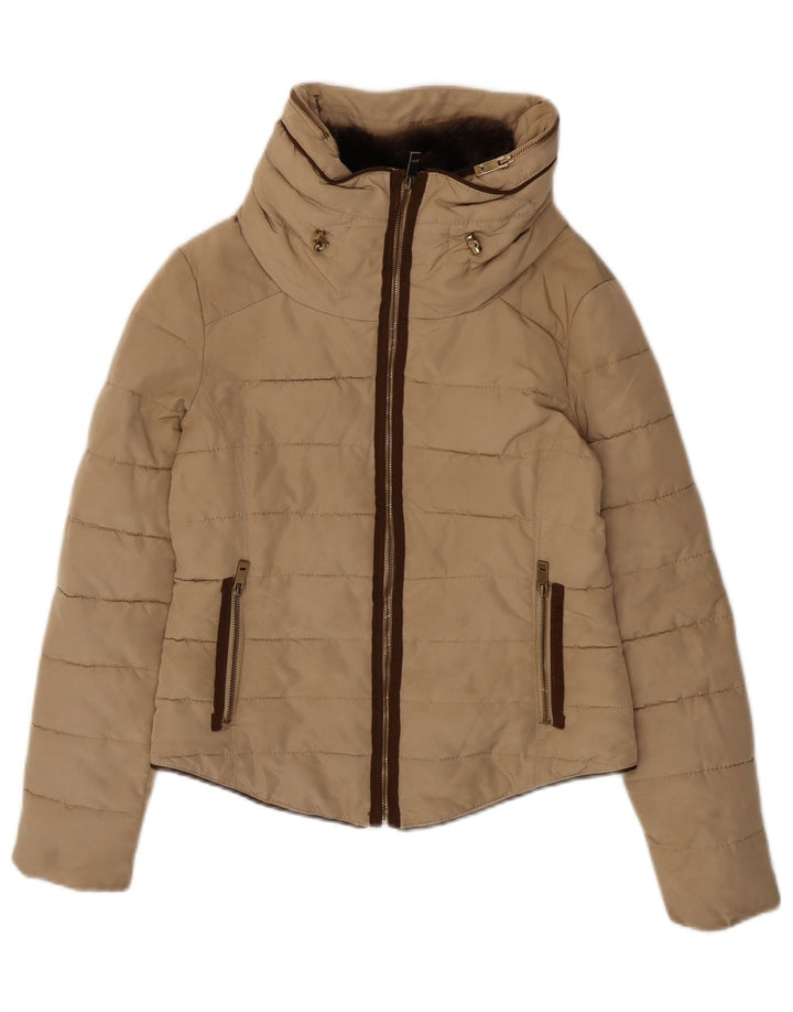 Zara Womens Crop Hooded Padded Jacket UK 14 Medium Beige Polyester