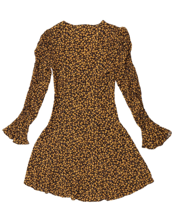 Zara Womens Long Sleeve A-Line Dress UK 4 XS Yellow Floral Viscose