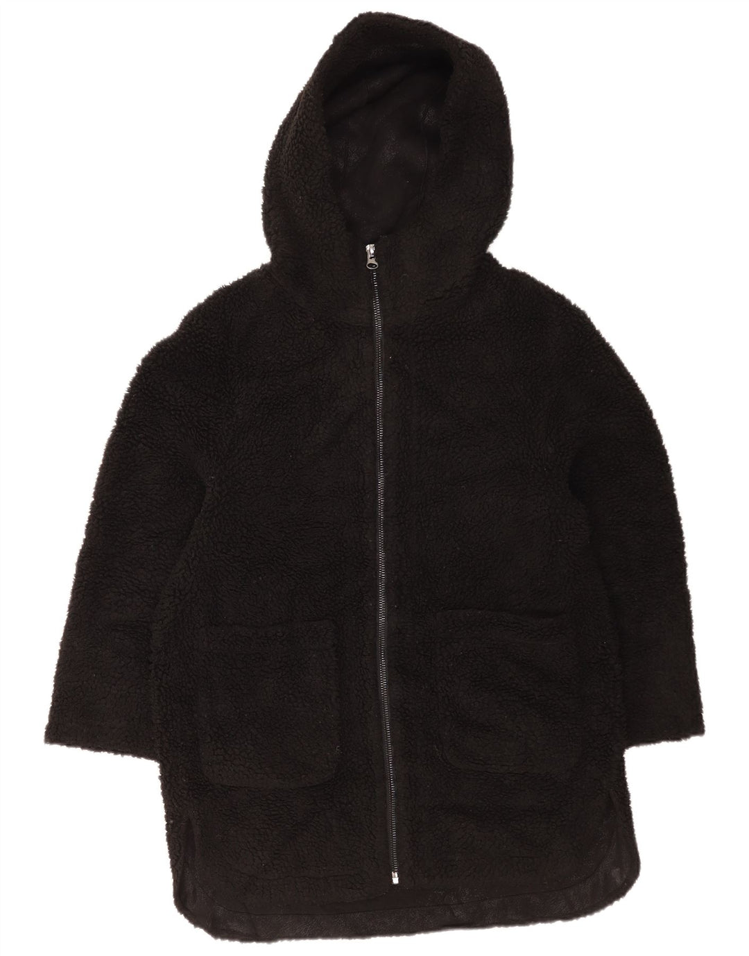 Zara Womens Hooded Oversized Fleece Jacket UK 6 XS Black Polyester