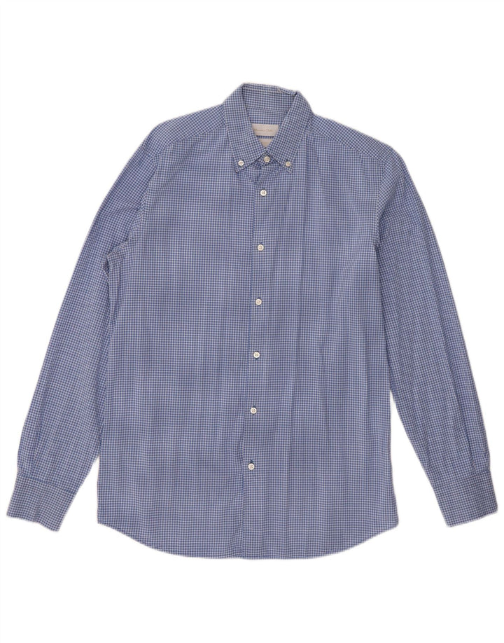Massimo Dutti Mens Shirt Medium Blue Gingham Cotton