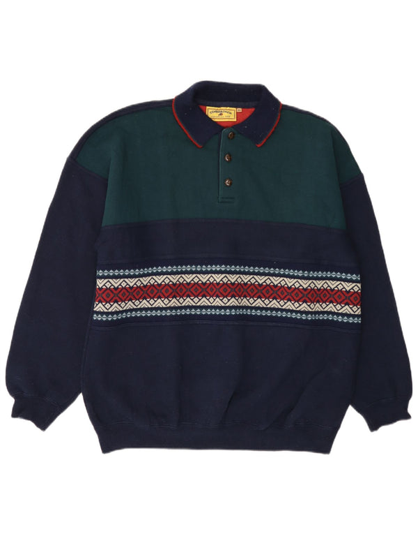 VINTAGE Mens Polo Neck Jumper Sweater XL Navy Blue Colourblock Acrylic