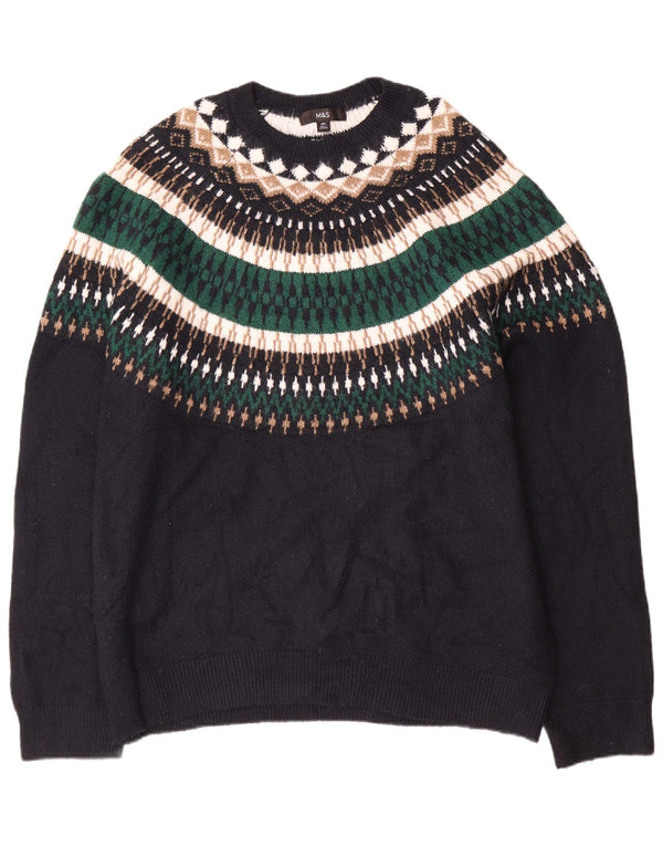Marks & Spencer Mens Boat Neck Jumper Sweater 2XL Black Fair Isle Acrylic