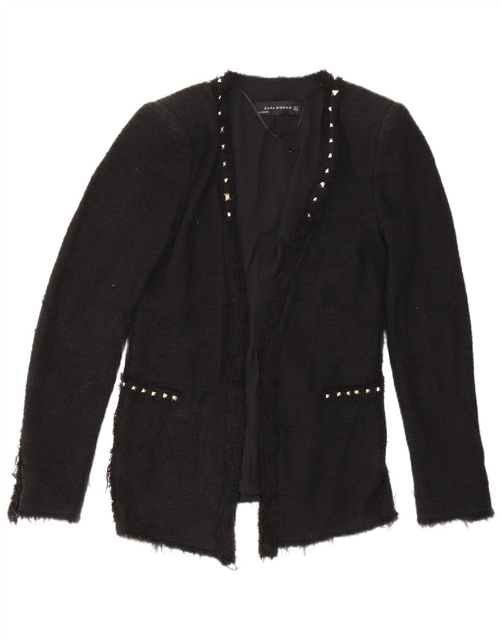 Zara Womens Open Blazer Jacket UK 12 Medium Black Cotton
