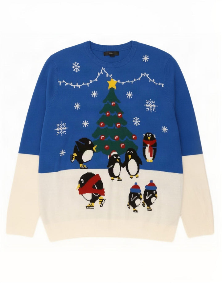 Marks & Spencer Mens Crew Neck Jumper Sweater Large Blue Christmas