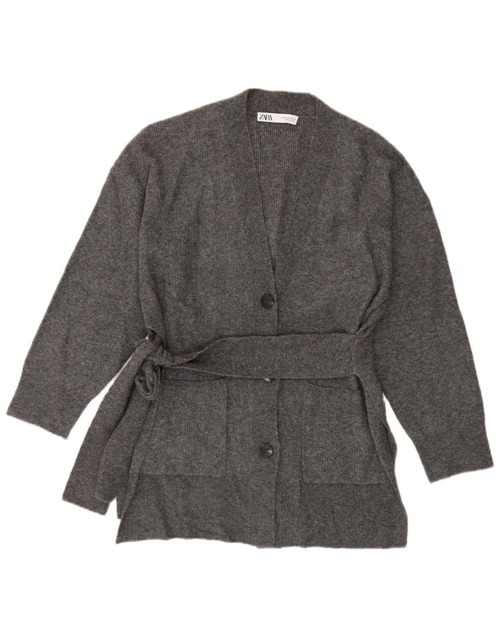 ZARA Womens Loose Fit Longline Cardigan Sweater UK 10 Small Grey Acrylic