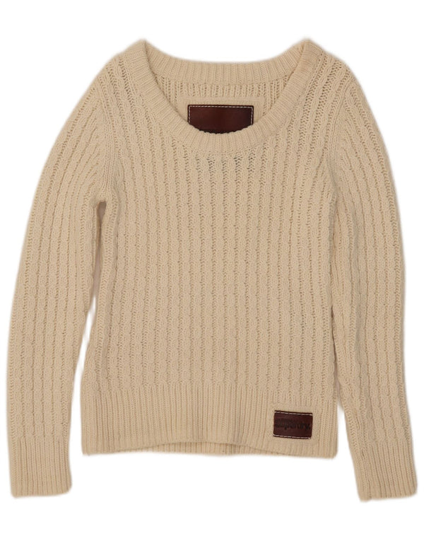 Superdry Womens Boat Neck Jumper Sweater UK 12 Medium Off White Cotton