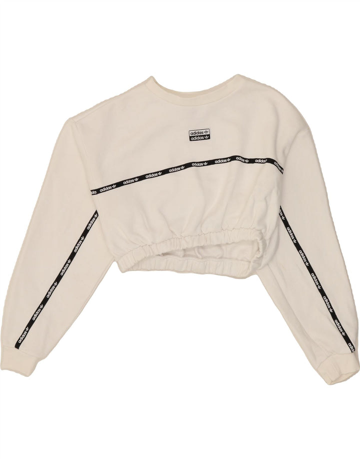 ADIDAS Womens Crop Sweatshirt Jumper UK 10 Small  White Cotton Vintage Adidas and Second-Hand Adidas from Messina Hembry 