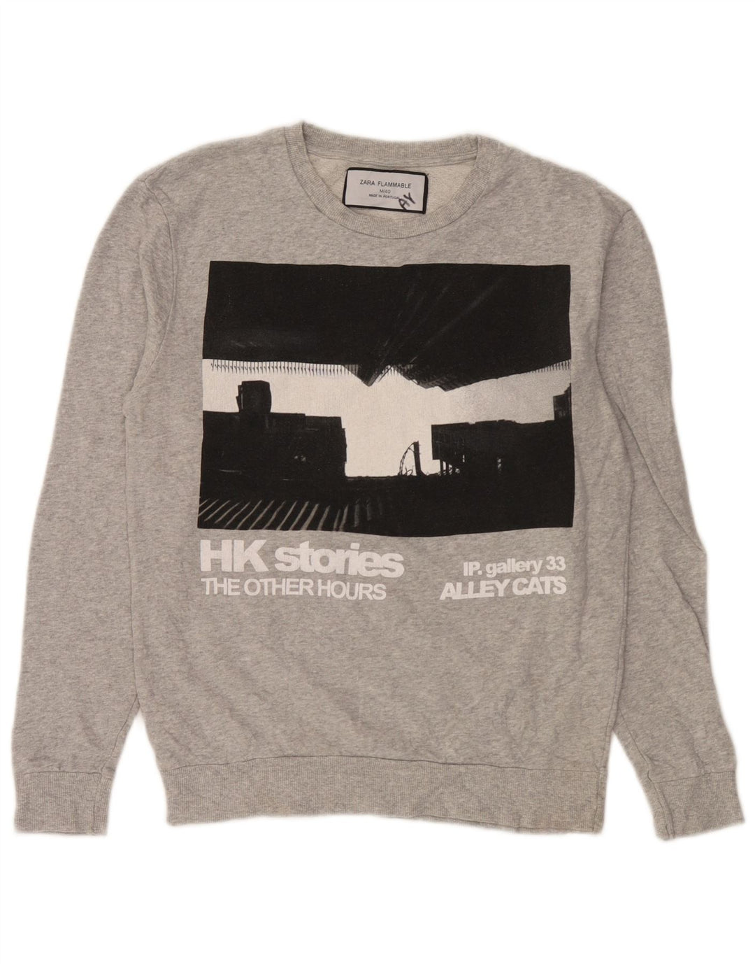Zara Womens Graphic Sweatshirt Jumper UK 14 Medium Grey Cotton