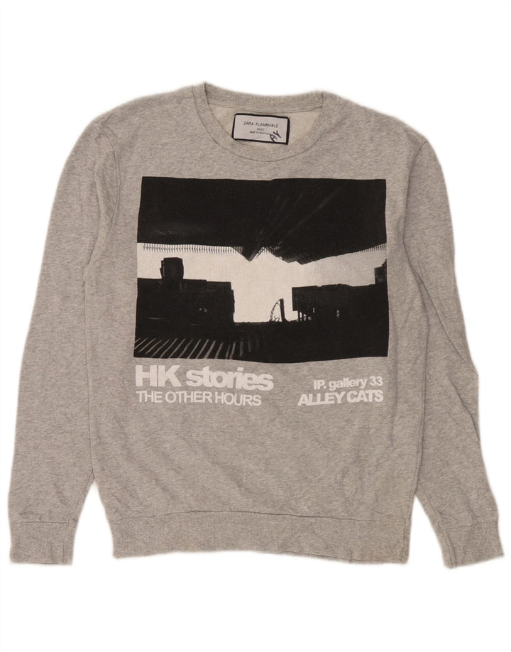 Zara Womens Graphic Sweatshirt Jumper UK 14 Medium Grey Cotton