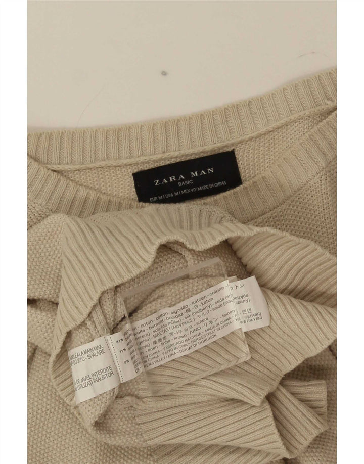Zara Mens Crew Neck Jumper Sweater Medium Beige Cotton