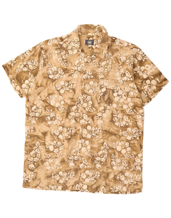Vintage Mens Short Sleeve Shirt Large Beige Floral Cotton