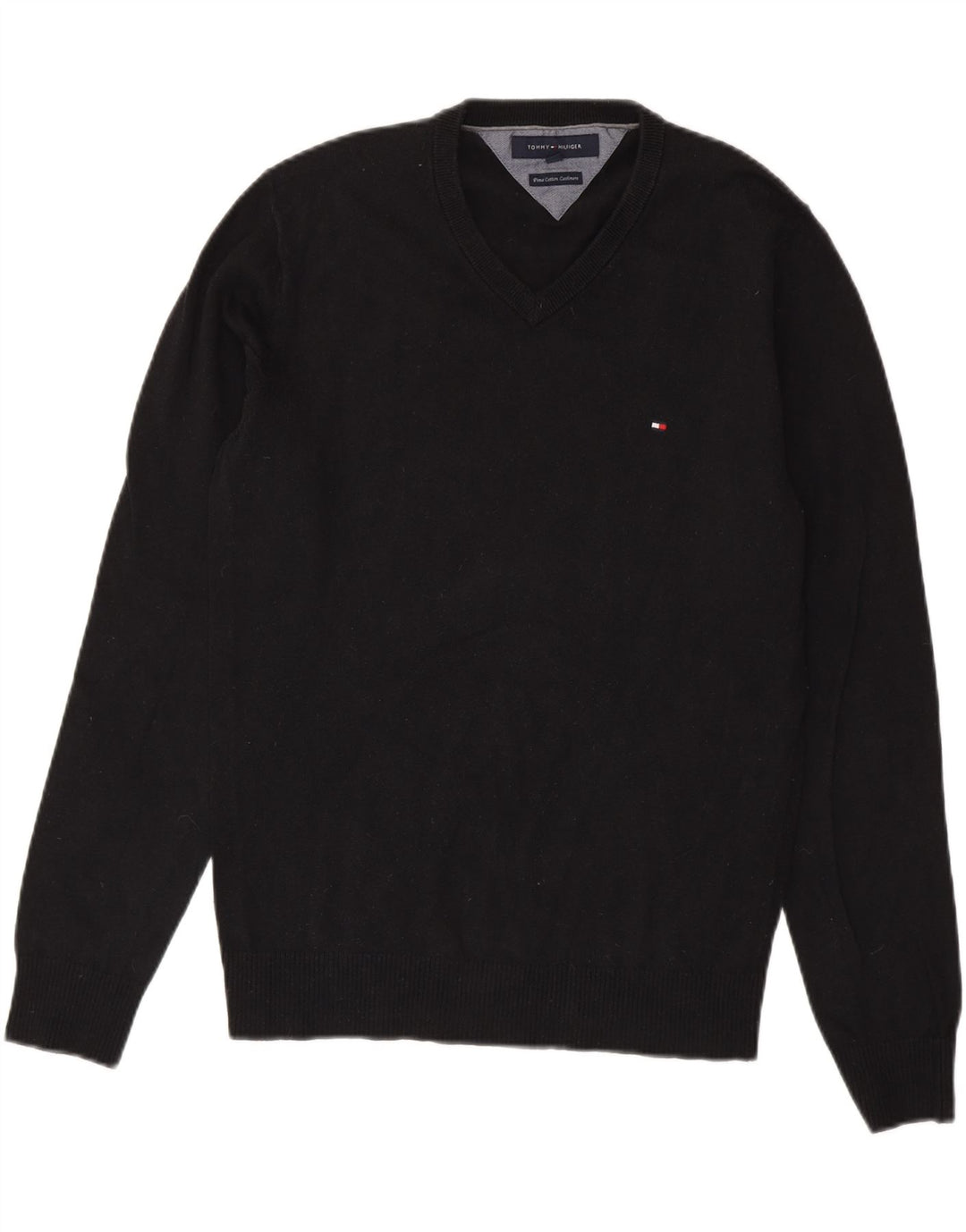 TOMMY HILFIGER Mens V-Neck Jumper Sweater Small Black Cotton