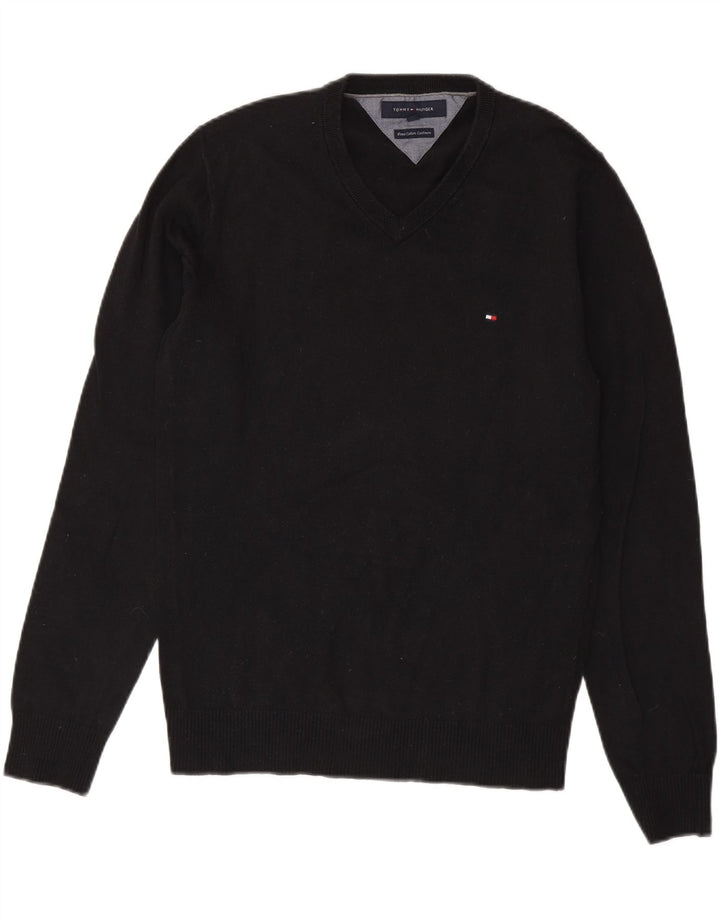 TOMMY HILFIGER Mens V-Neck Jumper Sweater Small Black Cotton
