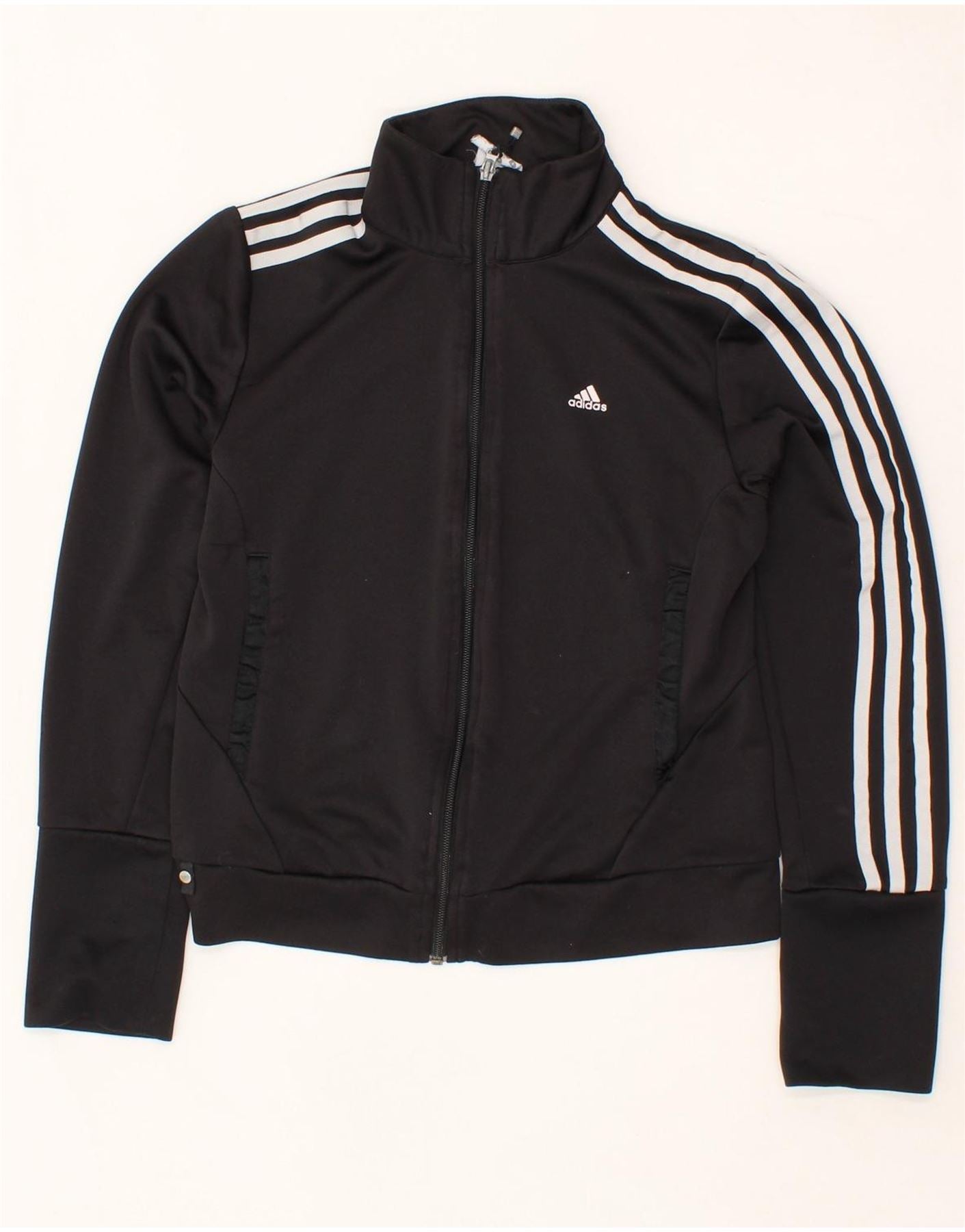 ADIDAS Womens Crop Tracksuit Top Jacket UK 10 Small Black Polyester Vintage Second Hand Clothing Online Messina Hembry