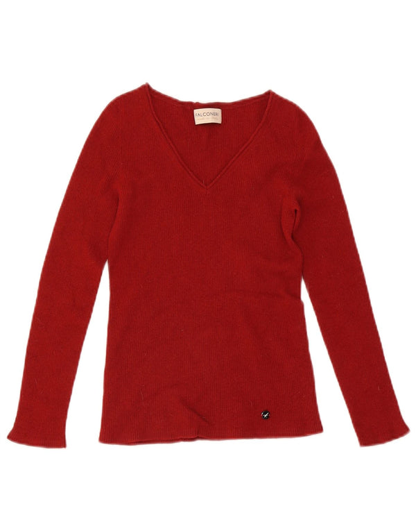 Falconeri Womens Crop V-Neck Jumper Sweater UK 14 Large Red Wool