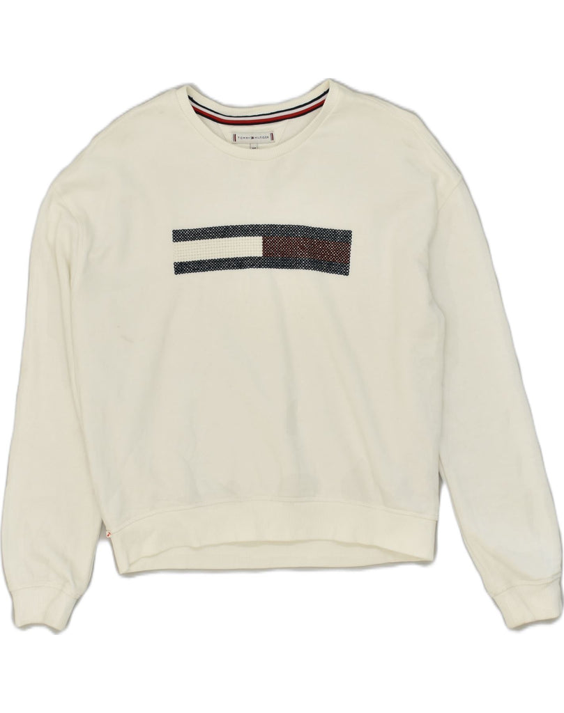 TOMMY HILFIGER Boys Graphic Sweatshirt Jumper 13-14 Years White Cotton | Vintage Tommy Hilfiger | Thrift | Second-Hand Tommy Hilfiger | Used Clothing | Messina Hembry 