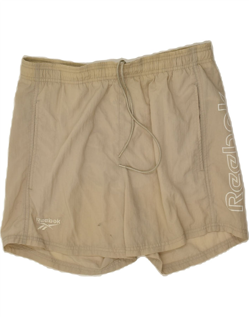 REEBOK Mens Graphic Sport Shorts Small  Beige Nylon | Vintage Reebok | Thrift | Second-Hand Reebok | Used Clothing | Messina Hembry 