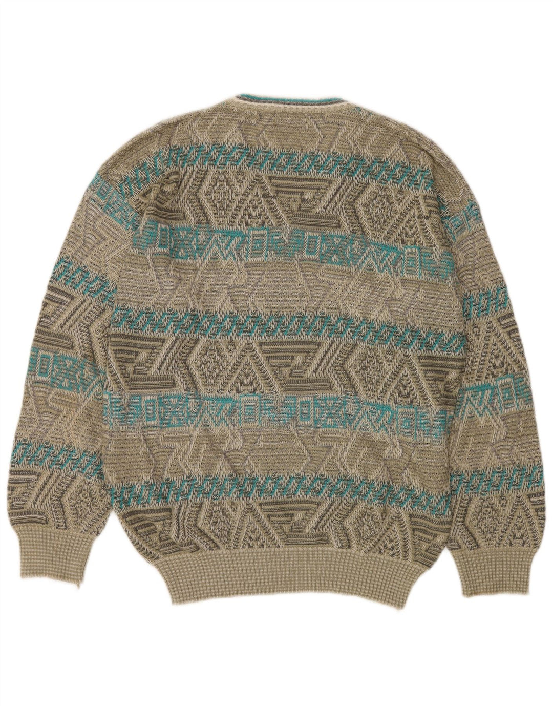 James Dillon Mens V-Neck Jumper Sweater Large Khaki Geometric Acrylic