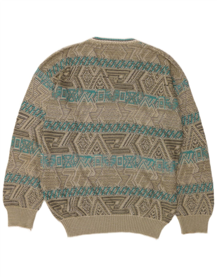 James Dillon Mens V-Neck Jumper Sweater Large Khaki Geometric Acrylic