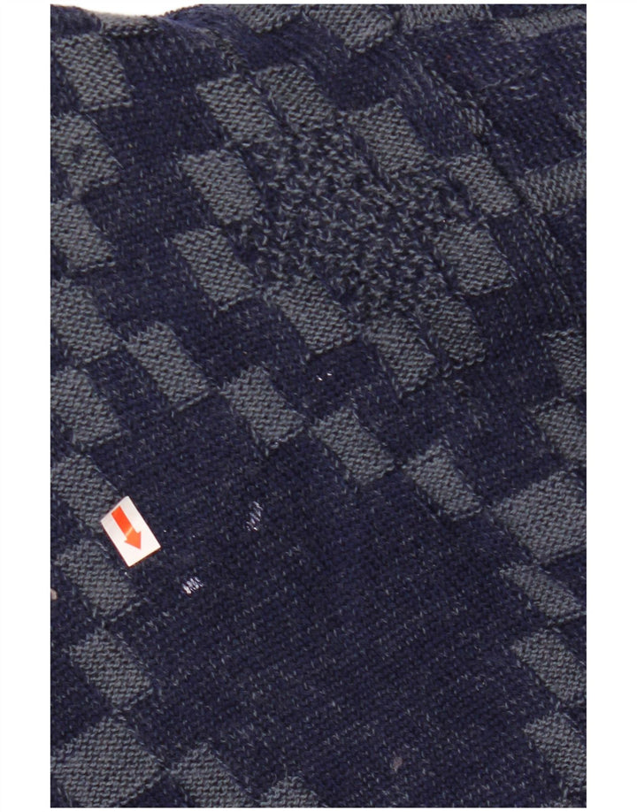 VINTAGE Mens Cardigan Sweater Large Navy Blue Geometric Viscose