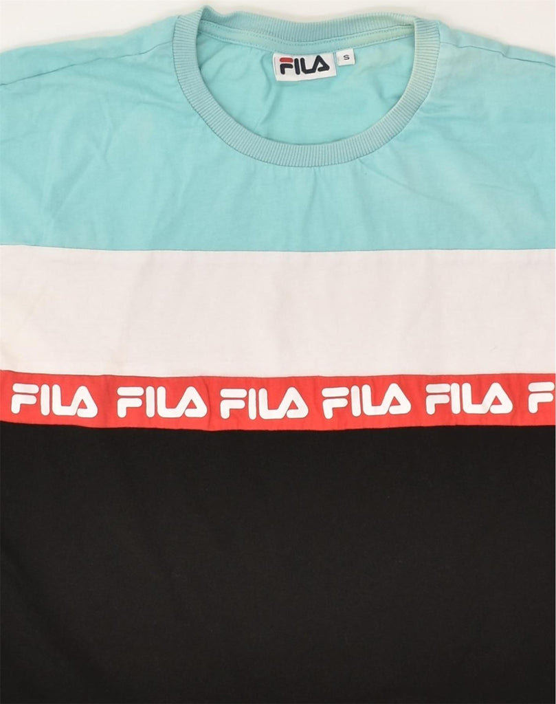 FILA Womens Crop Graphic T-Shirt Top UK 10 Small Blue Colourblock Cotton | Vintage Fila | Thrift | Second-Hand Fila | Used Clothing | Messina Hembry 