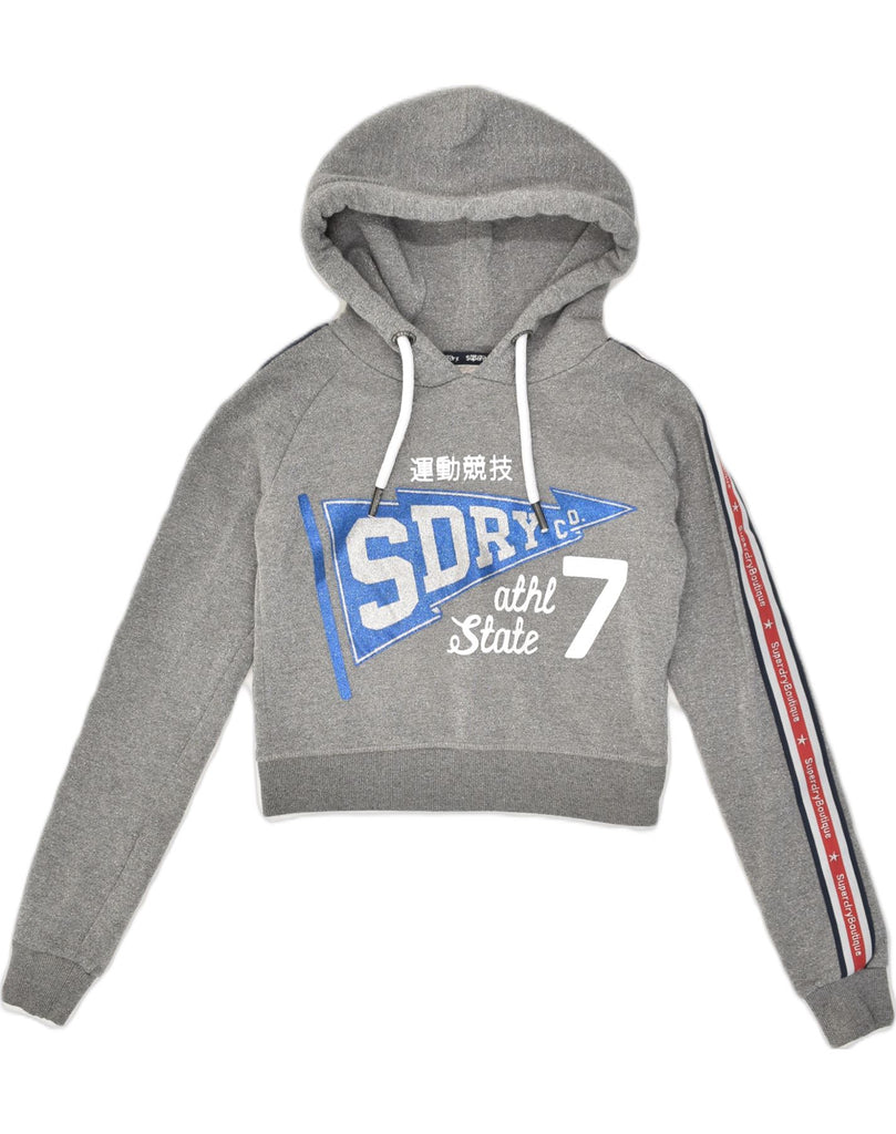 SUPERDRY Womens Crop Graphic Hoodie Jumper UK 10 Small Grey Cotton | Vintage Superdry | Thrift | Second-Hand Superdry | Used Clothing | Messina Hembry 