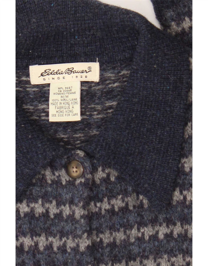 Eddie Bauer Womens Cardigan Sweater UK 14 Medium Navy Blue Houndstooth Wool