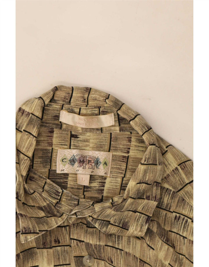 Vintage Mens Short Sleeve Shirt Large Beige Striped Rayon
