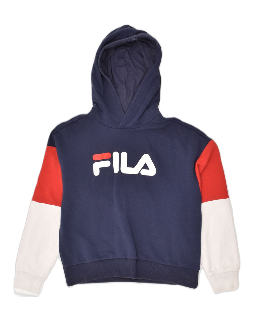 FILA Mens Graphic Hoodie Jumper Medium Navy Blue Colourblock Cotton | Vintage Fila | Thrift | Second-Hand Fila | Used Clothing | Messina Hembry 