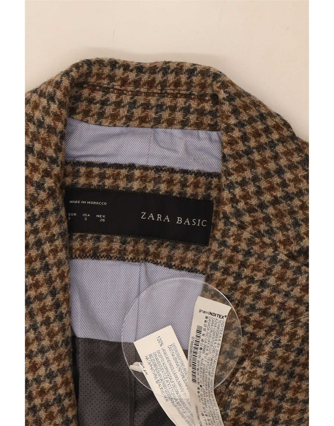 Zara Womens 1 Button Blazer Jacket UK 10 Small Brown Houndstooth Wool