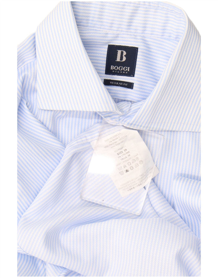 Boggi Mens Regular Fit Shirt Size 39 15 1/2 Medium Blue Striped Cotton
