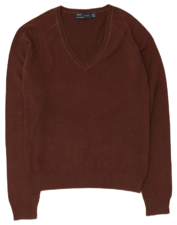 Zara Womens V-Neck Jumper Sweater UK 10 Small Brown Cotton