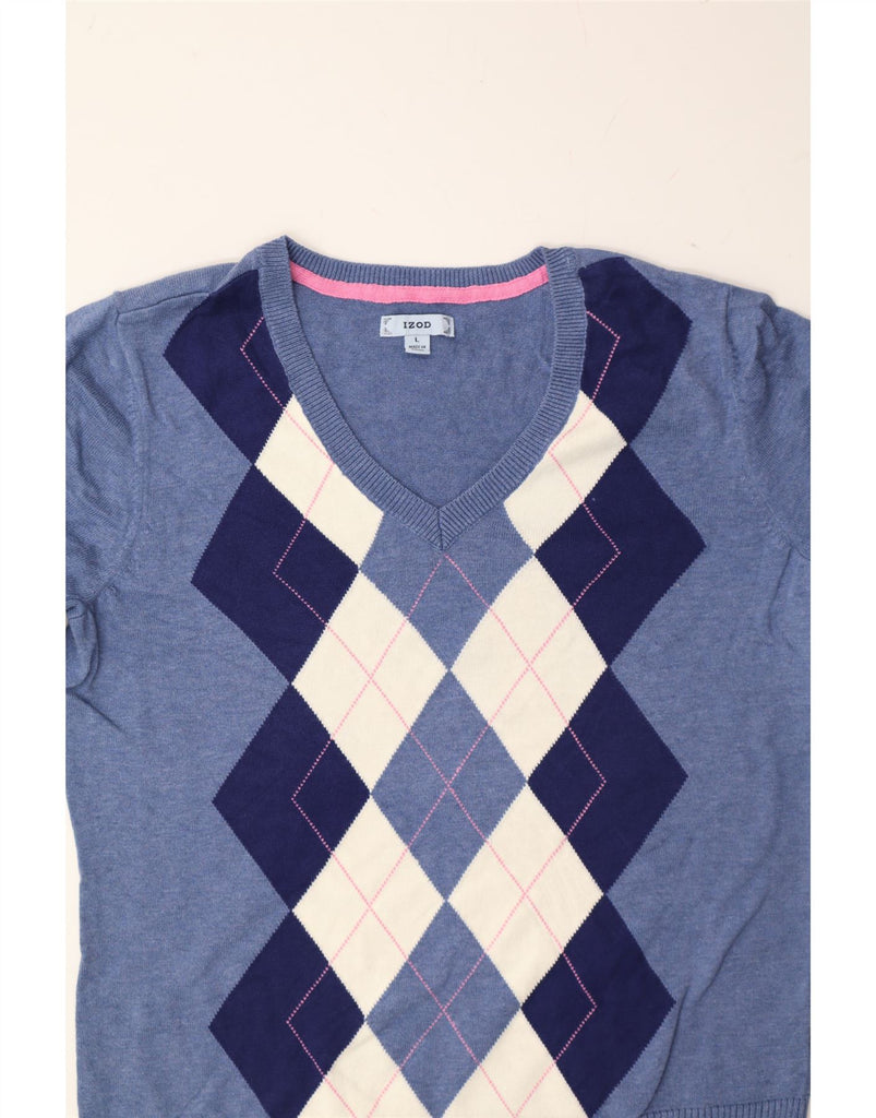 IZOD Womens V-Neck Jumper Sweater UK 14 Large Blue Argyle/Diamond Cotton Vintage Izod and Second-Hand Izod from Messina Hembry 