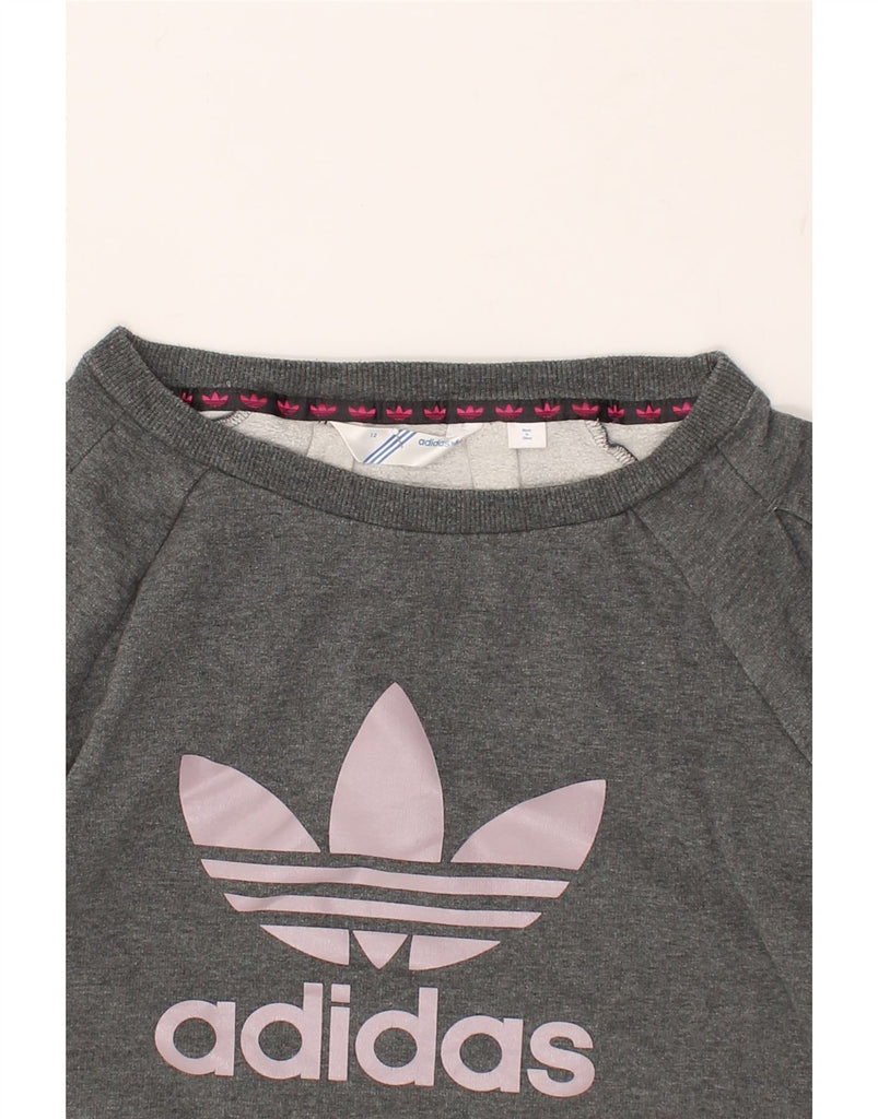 ADIDAS Womens Graphic Sweatshirt Jumper UK 12 Medium Grey Cotton | Vintage Adidas | Thrift | Second-Hand Adidas | Used Clothing | Messina Hembry 