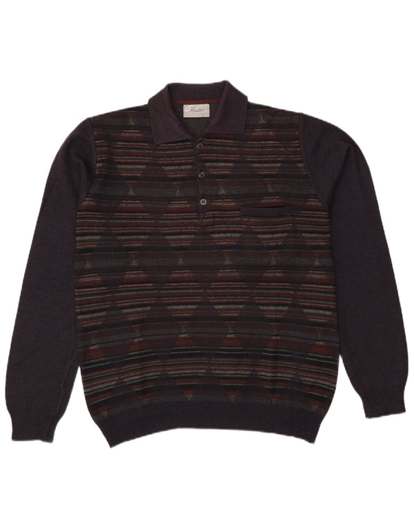 Rodes Mens Polo Neck Jumper Sweater Large Navy Blue Argyle/Diamond Wool