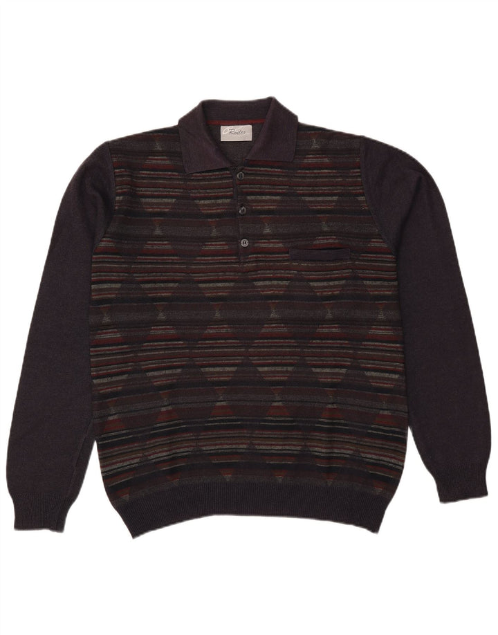 Rodes Mens Polo Neck Jumper Sweater Large Navy Blue Argyle/Diamond Wool