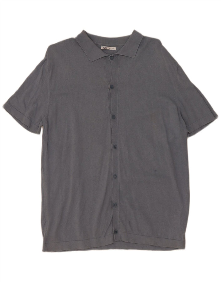 Zara Mens Short Sleeve Cardigan Sweater Large Grey Cotton