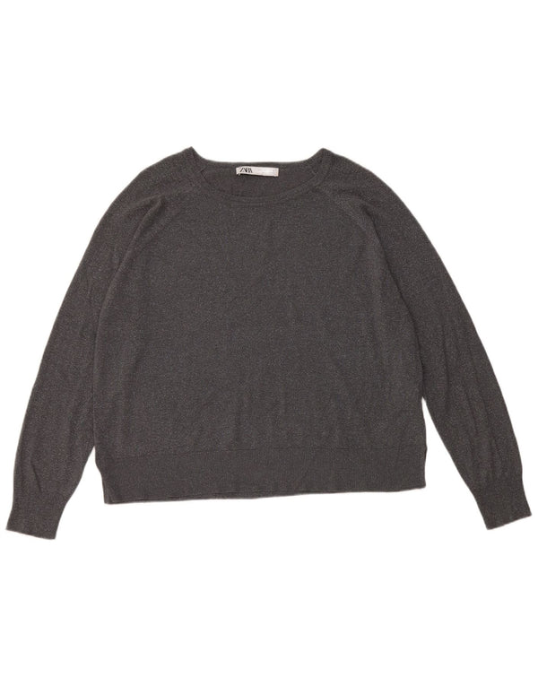 Zara Womens Crop Boat Neck Jumper Sweater UK 16 Large Grey Viscose