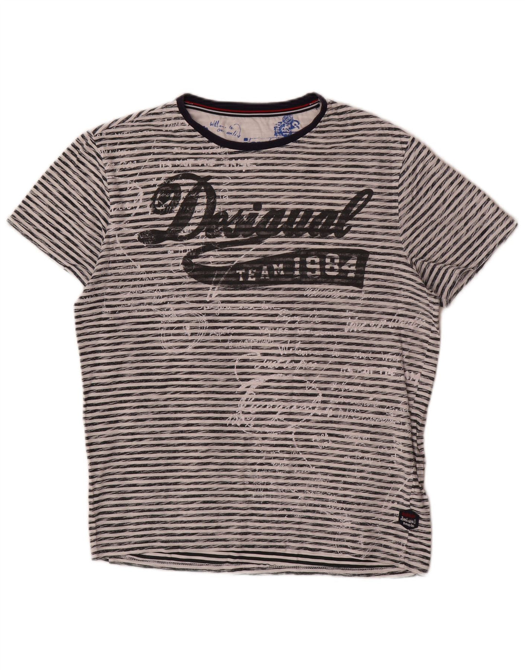 Desigual Mens Graphic T-Shirt Top Large Grey Striped