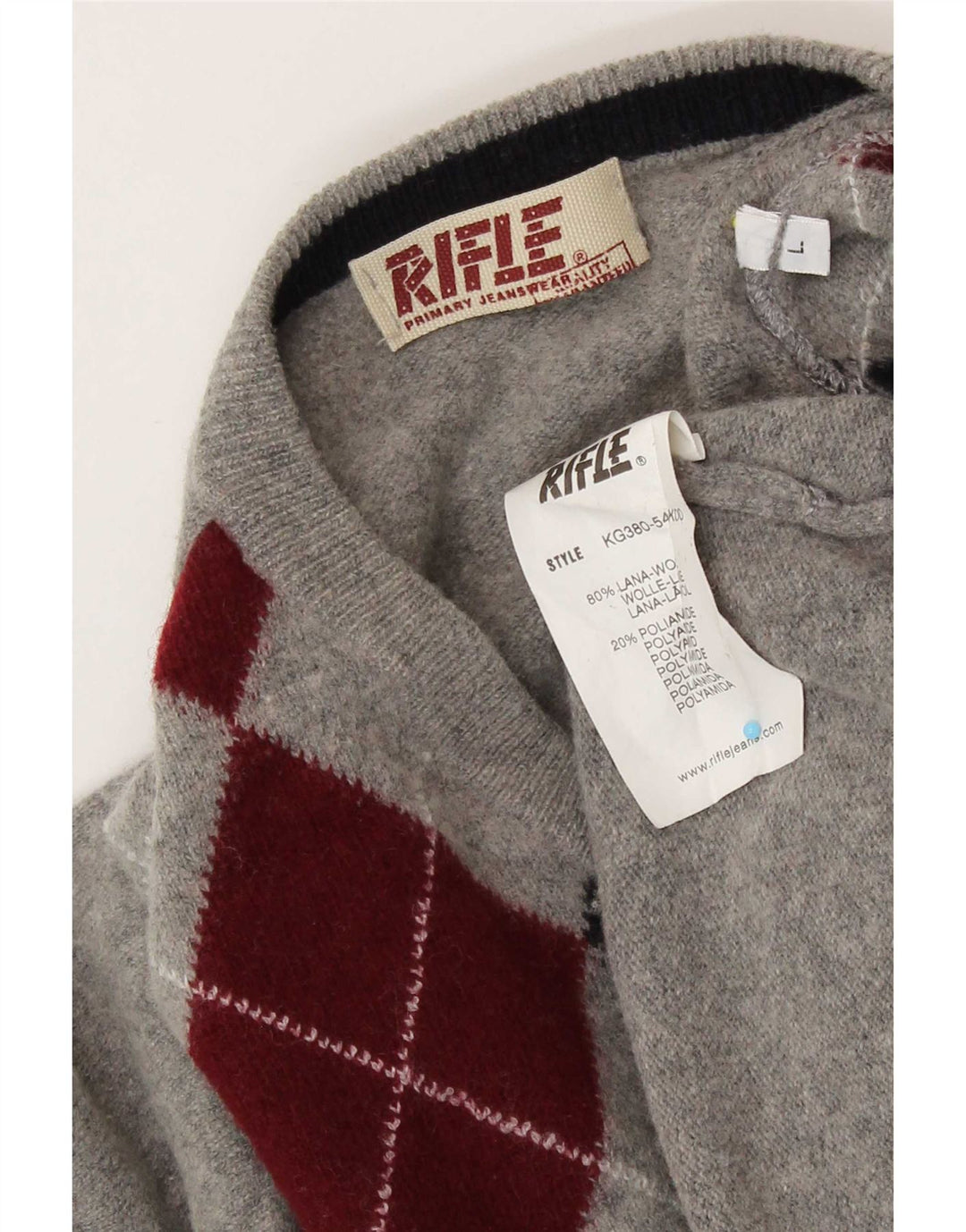 Rifle Mens V-Neck Jumper Sweater Large Grey Argyle/Diamond Wool