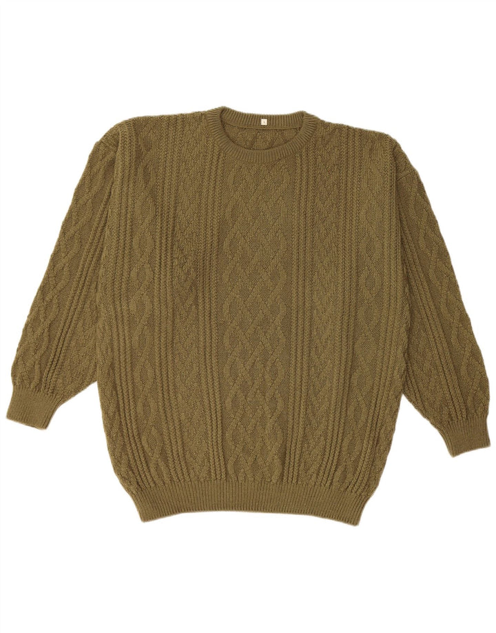 Vintage Mens Crew Neck Jumper Sweater Large Khaki Acrylic